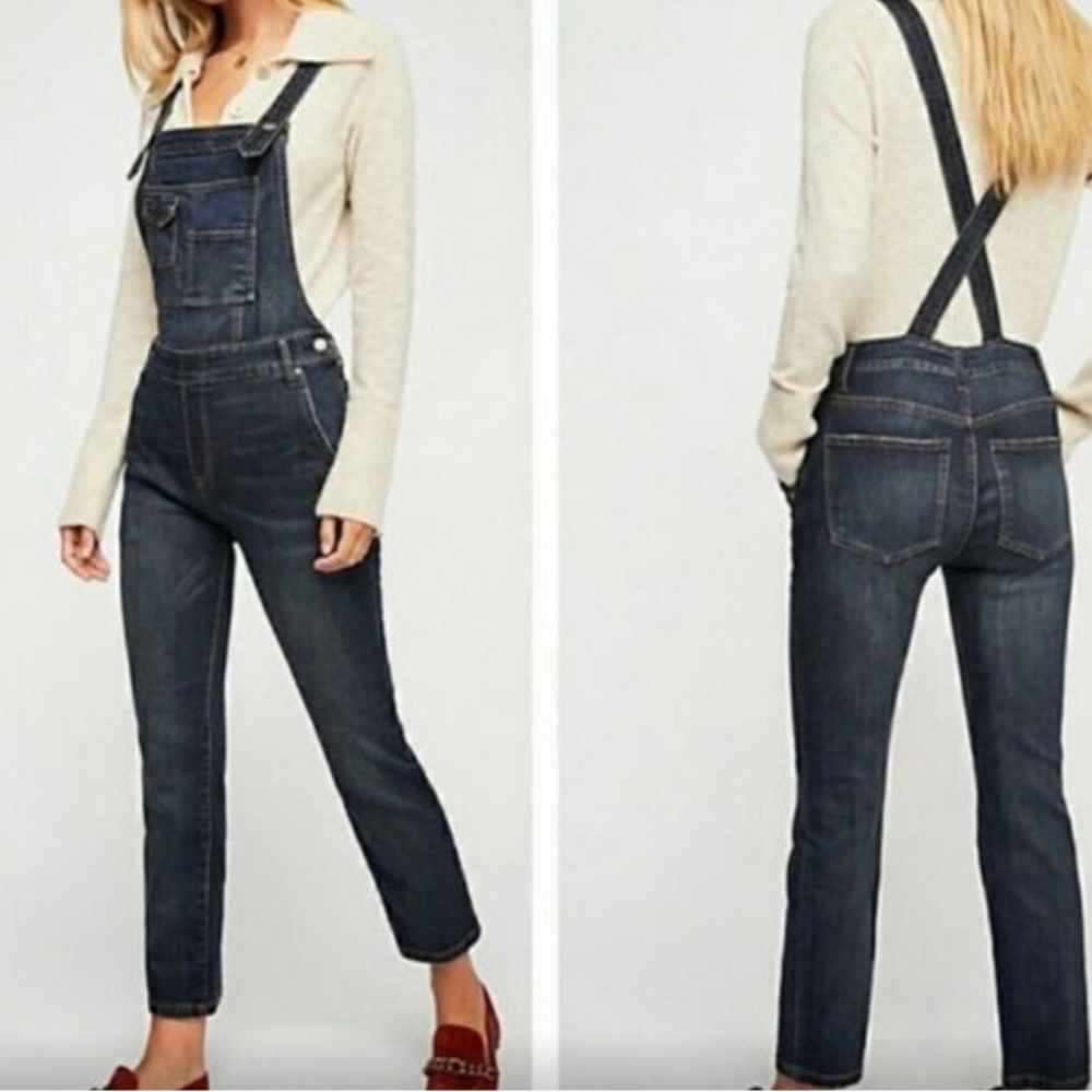 Free People cropped overalls brady dark wash denim jeans with small distressing